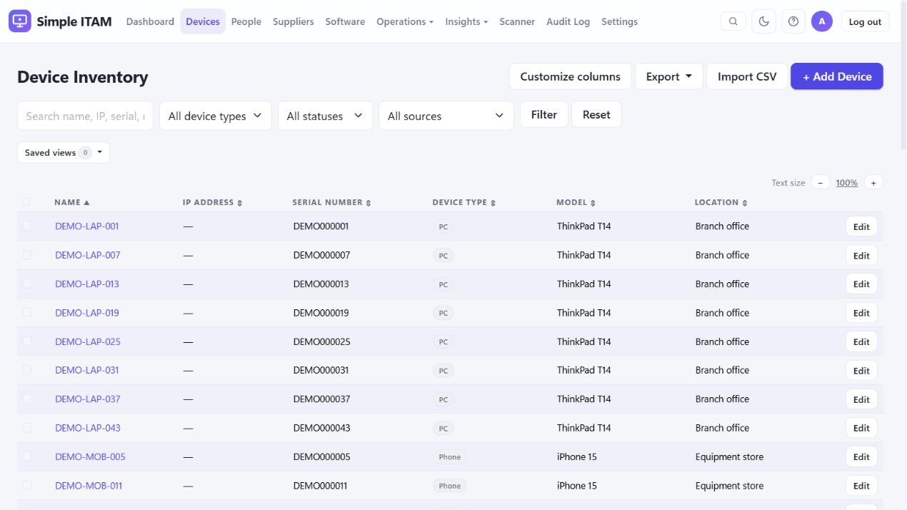 Simple ITAM device inventory with search, filters, asset categories, and fictional demo records.