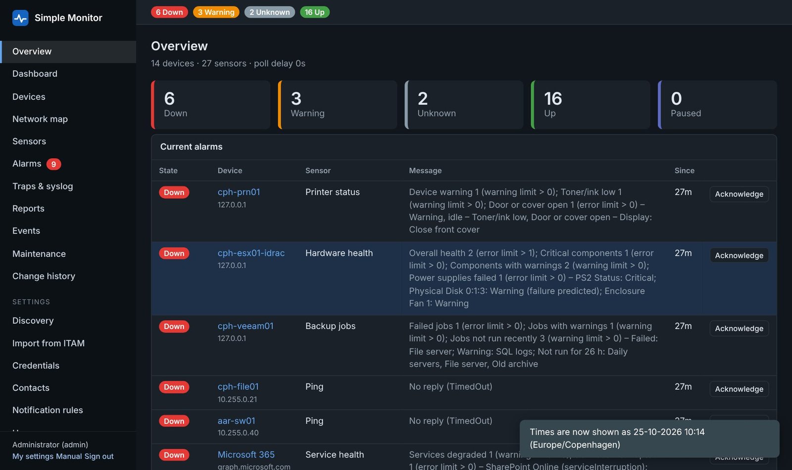Simple Monitor overview in dark mode showing sensor status totals and current alarms.